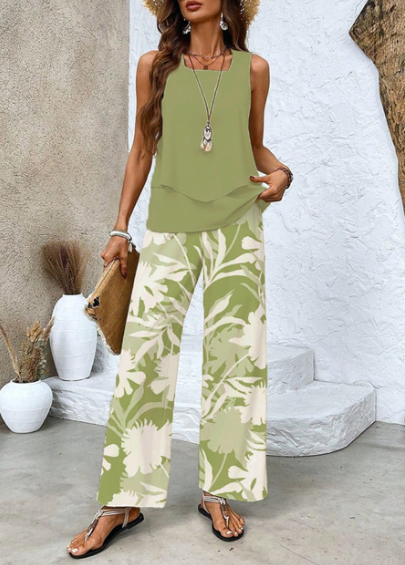 Mariela - Conjunto Dos Piezas Floral Verde Oliva