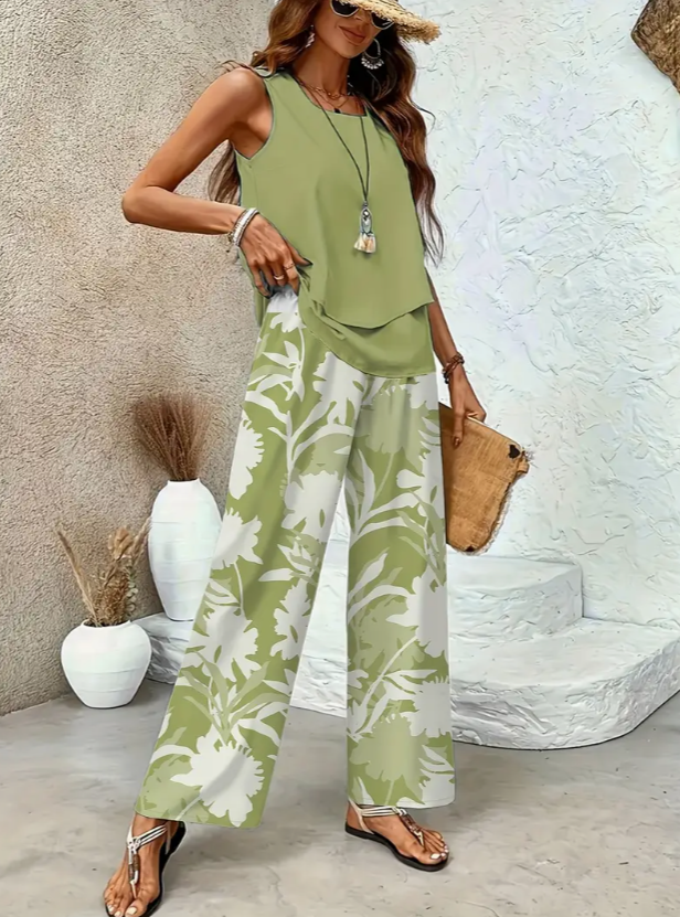 Mariela - Conjunto Dos Piezas Floral Verde Oliva